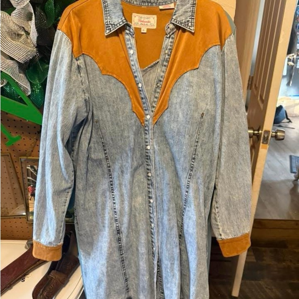 Vintage-Inspired Denim Long Sleeve Dress with Tan Suede Yoke